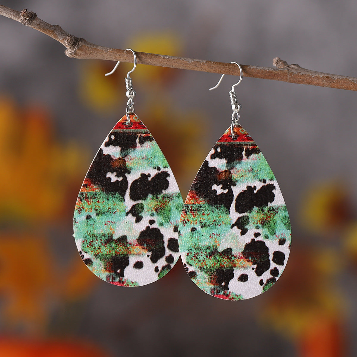 Wholesale Western-style leopard-print turquoise drop leather double-sided earrings